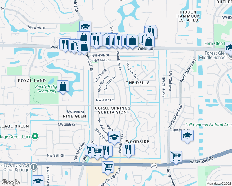 map of restaurants, bars, coffee shops, grocery stores, and more near 4113 Northwest 78th Way in Coral Springs