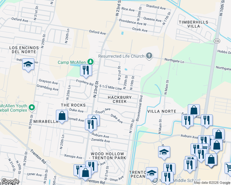 map of restaurants, bars, coffee shops, grocery stores, and more near 2016 Grayson Avenue in McAllen