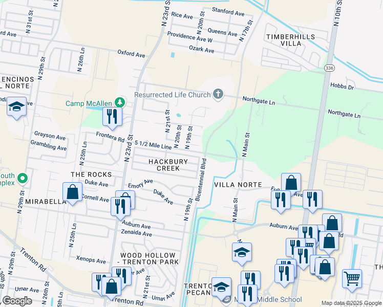 map of restaurants, bars, coffee shops, grocery stores, and more near 1825 Harvard Avenue in McAllen
