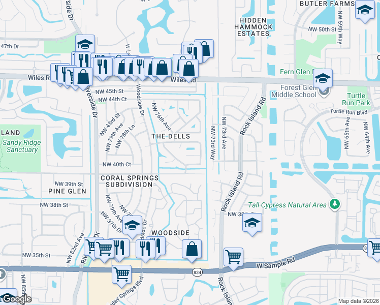 map of restaurants, bars, coffee shops, grocery stores, and more near 4011 Northwest 75th Way in Coral Springs