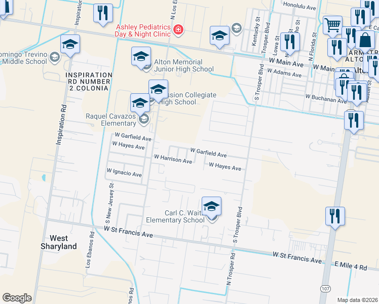 map of restaurants, bars, coffee shops, grocery stores, and more near 1225 West Garfield Avenue in Alton