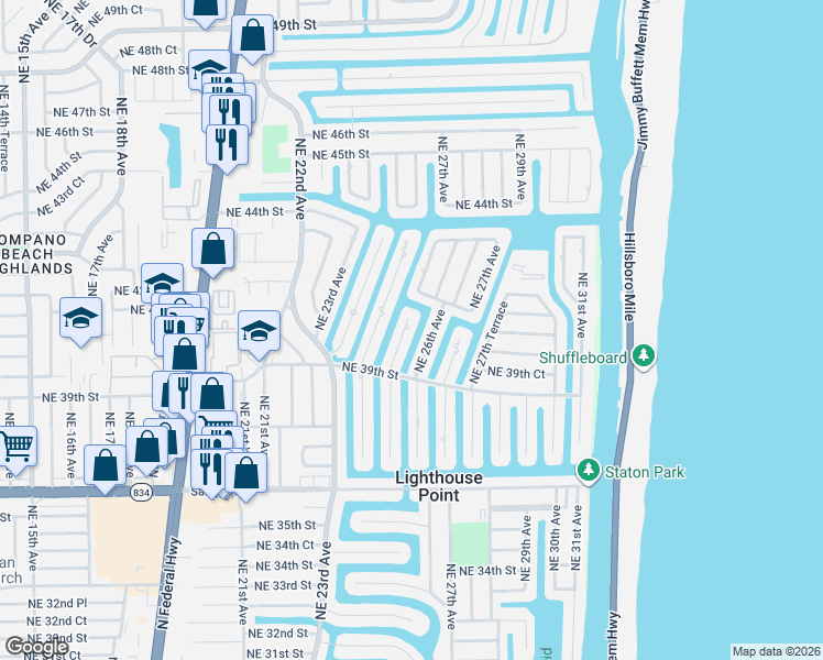 map of restaurants, bars, coffee shops, grocery stores, and more near 4040 Northeast 25th Avenue in Lighthouse Point