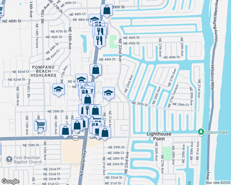 map of restaurants, bars, coffee shops, grocery stores, and more near 2130 Northeast 41st Street in Lighthouse Point