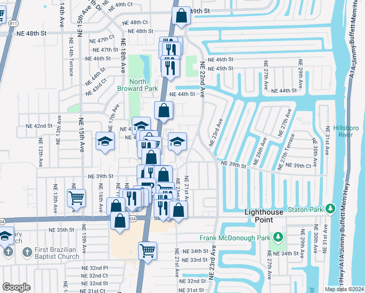 map of restaurants, bars, coffee shops, grocery stores, and more near 2130 Northeast 41st Street in Lighthouse Point