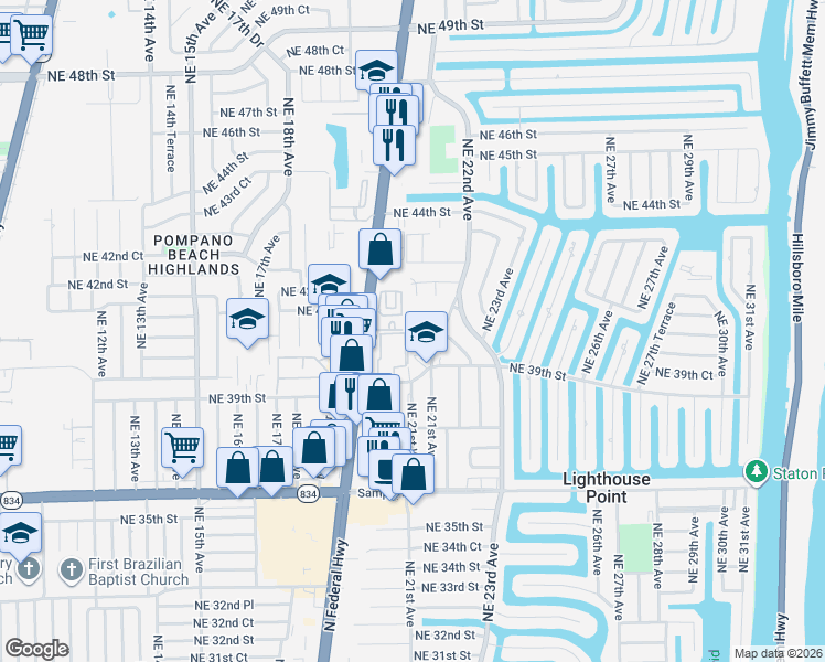 map of restaurants, bars, coffee shops, grocery stores, and more near 2319 Vintage Drive in Lighthouse Point