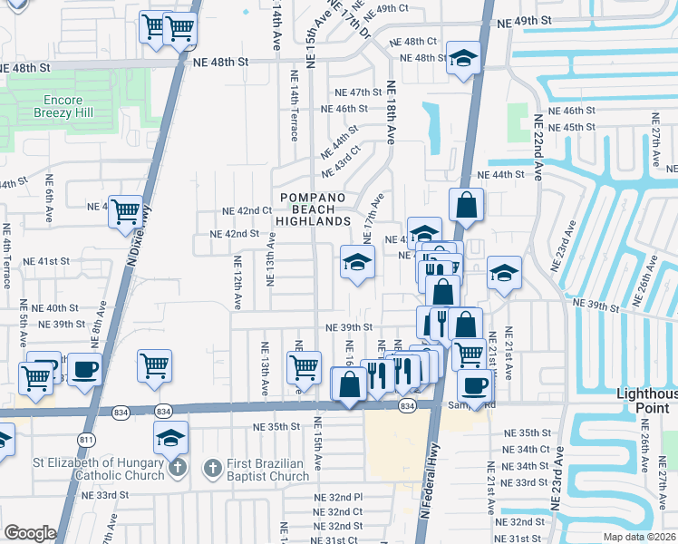 map of restaurants, bars, coffee shops, grocery stores, and more near 1600 Northeast 41st Court in Pompano Beach