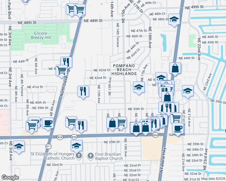 map of restaurants, bars, coffee shops, grocery stores, and more near 1330 Northeast 41st Court in Pompano Beach
