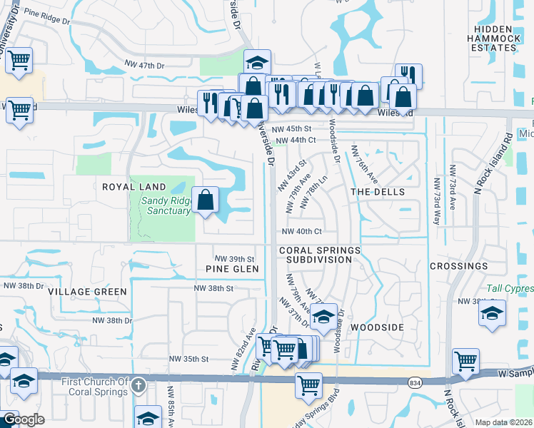 map of restaurants, bars, coffee shops, grocery stores, and more near 4111 Northwest 81st Avenue in Coral Springs