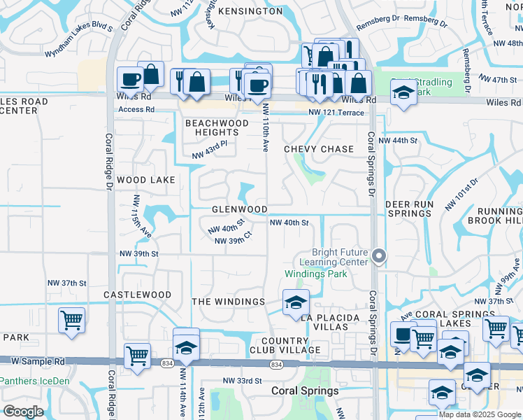 map of restaurants, bars, coffee shops, grocery stores, and more near 11061 Northwest 41st Court in Coral Springs