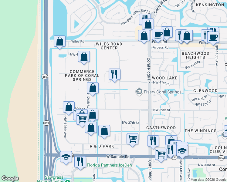 map of restaurants, bars, coffee shops, grocery stores, and more near 12075 NW 40th St in Coral Springs