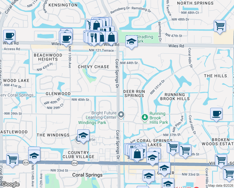 map of restaurants, bars, coffee shops, grocery stores, and more near 4122 Coral Springs Drive in Coral Springs