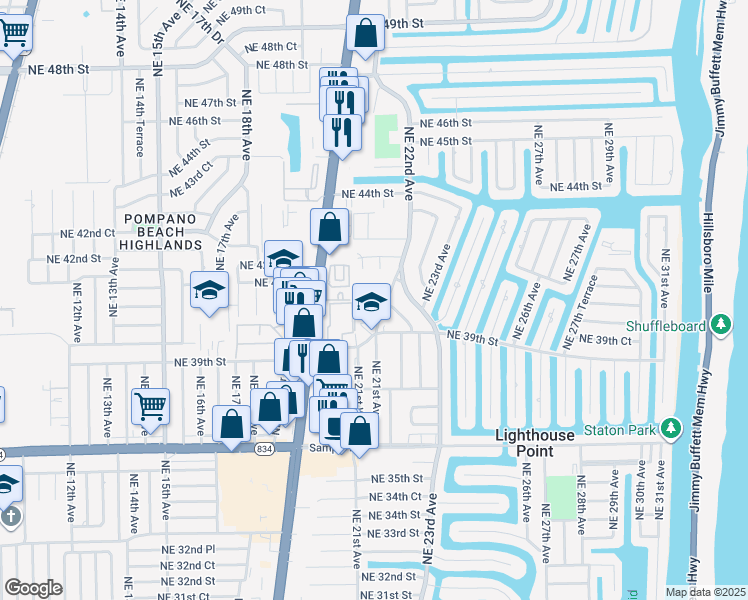 map of restaurants, bars, coffee shops, grocery stores, and more near 2131 Northeast 40th Court in Lighthouse Point