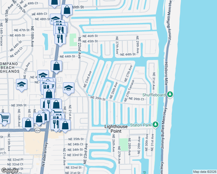map of restaurants, bars, coffee shops, grocery stores, and more near 4030 Northeast 25th Avenue in Lighthouse Point