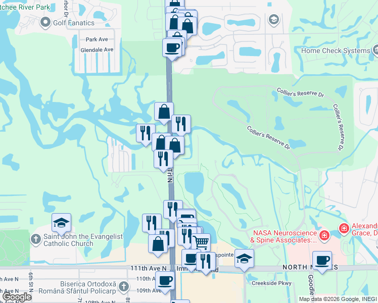 map of restaurants, bars, coffee shops, grocery stores, and more near 145 Cocohatchee Street in Naples