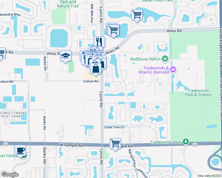 map of restaurants, bars, coffee shops, grocery stores, and more near 4417 Northwest 41st Place in Coconut Creek