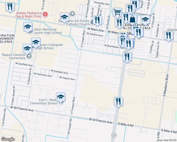 map of restaurants, bars, coffee shops, grocery stores, and more near 605 West Eisenhower Avenue in Alton