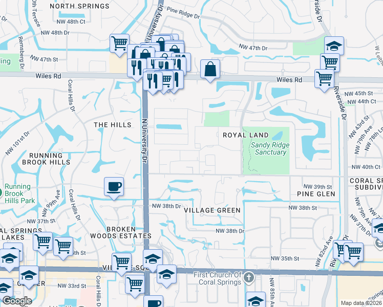 map of restaurants, bars, coffee shops, grocery stores, and more near 9110 Northwest 41st Manor in Coral Springs