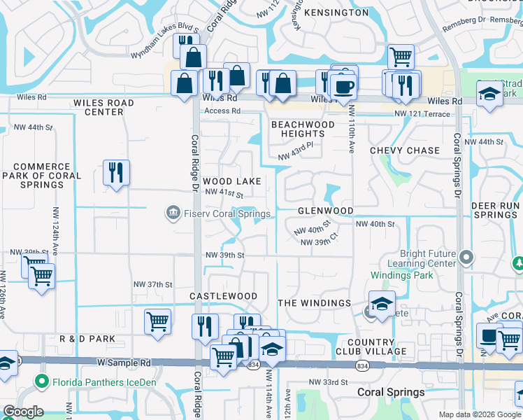 map of restaurants, bars, coffee shops, grocery stores, and more near 4050 Northwest 114th Avenue in Coral Springs