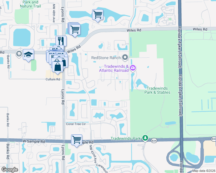 map of restaurants, bars, coffee shops, grocery stores, and more near 4100 Northwest 43rd Street in Coconut Creek
