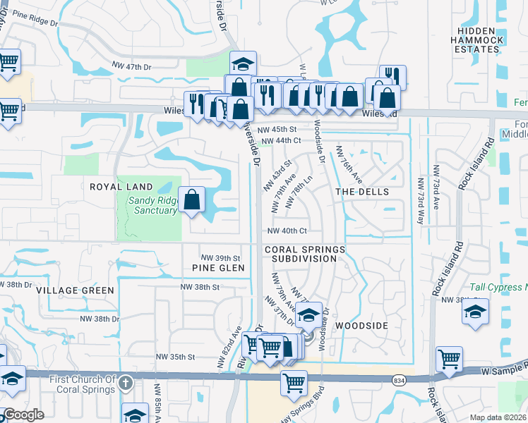 map of restaurants, bars, coffee shops, grocery stores, and more near 4111 Northwest 81st Avenue in Coral Springs