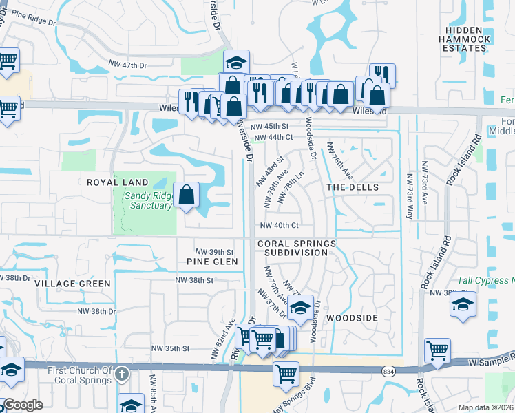 map of restaurants, bars, coffee shops, grocery stores, and more near 4111 Northwest 81st Avenue in Coral Springs
