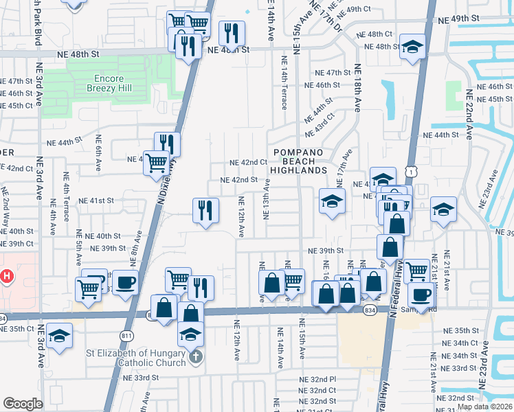 map of restaurants, bars, coffee shops, grocery stores, and more near 4130 Northeast 12th Terrace in Pompano Beach