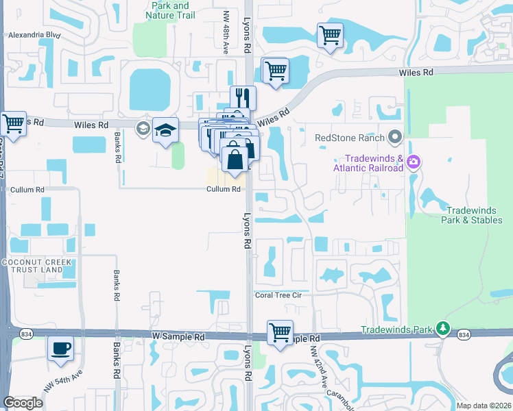 map of restaurants, bars, coffee shops, grocery stores, and more near 4417 Northwest 41st Place in Coconut Creek