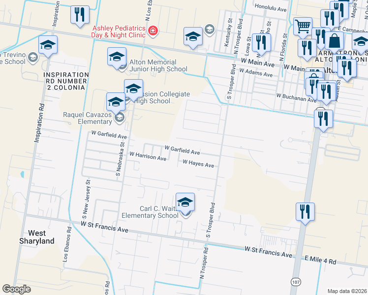 map of restaurants, bars, coffee shops, grocery stores, and more near 1105 West Garfield Avenue in Alton