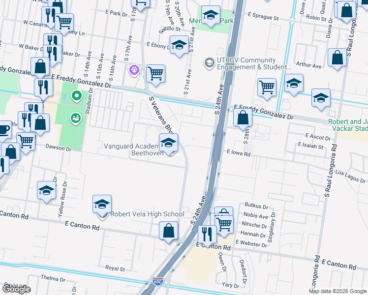 map of restaurants, bars, coffee shops, grocery stores, and more near 1810 East Iowa Road in Edinburg