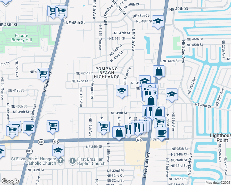 map of restaurants, bars, coffee shops, grocery stores, and more near 1600 Northeast 41st Court in Pompano Beach