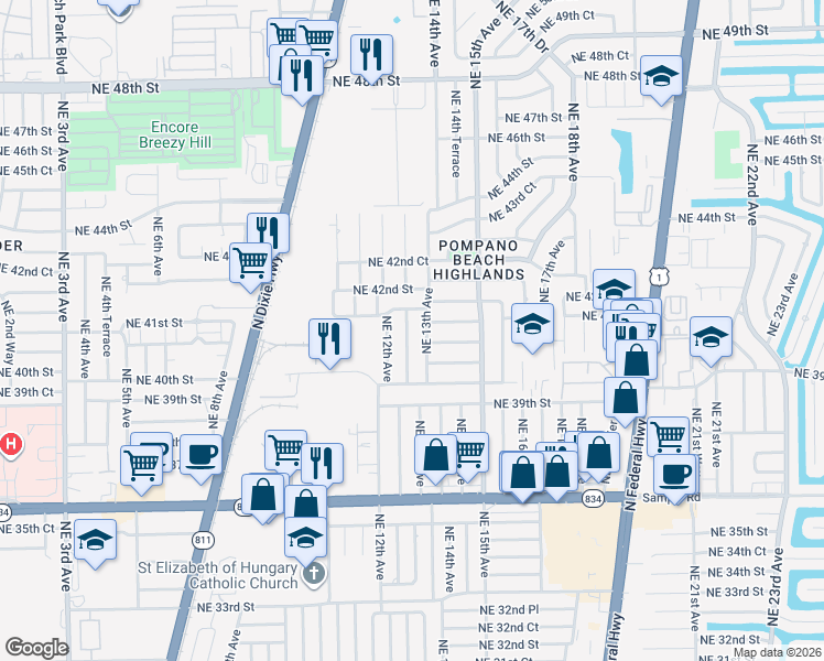 map of restaurants, bars, coffee shops, grocery stores, and more near 4130 Northeast 12th Terrace in Pompano Beach