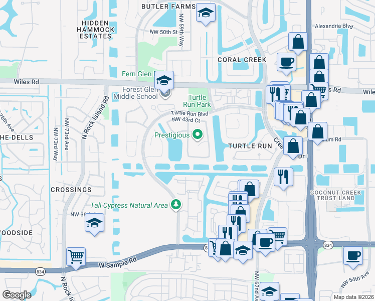 map of restaurants, bars, coffee shops, grocery stores, and more near 4166 Northwest 65th Avenue in Coral Springs