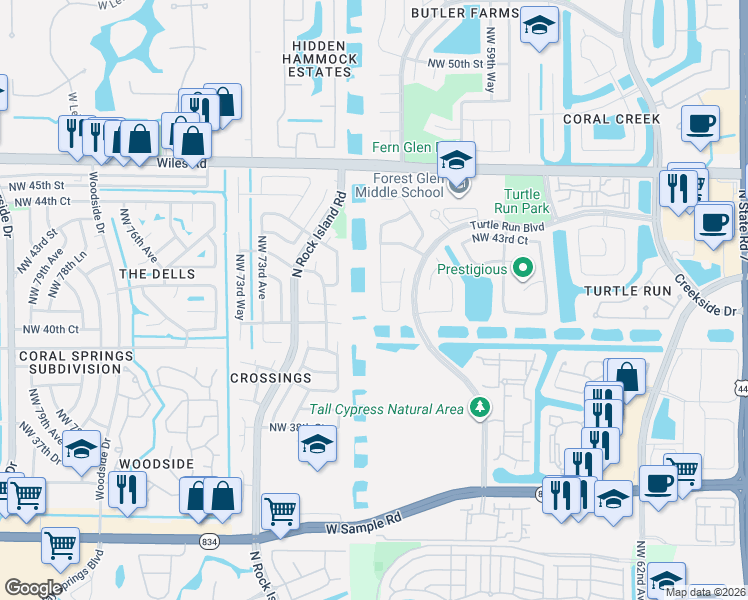 map of restaurants, bars, coffee shops, grocery stores, and more near 4164 Northwest 67th Way in Coral Springs