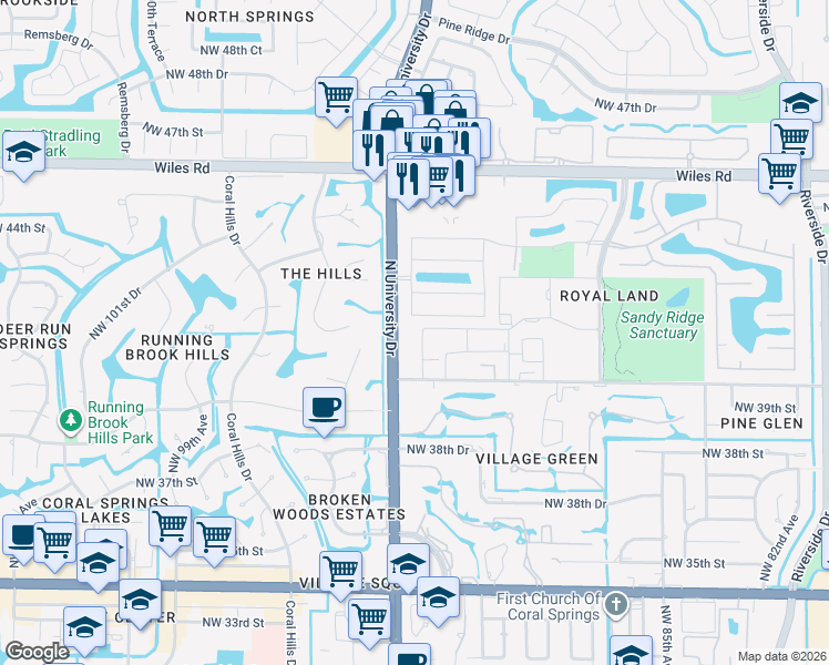 map of restaurants, bars, coffee shops, grocery stores, and more near 4164 Northwest 90th Avenue in Coral Springs