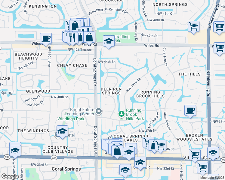 map of restaurants, bars, coffee shops, grocery stores, and more near 10331 Northwest 42nd Drive in Coral Springs