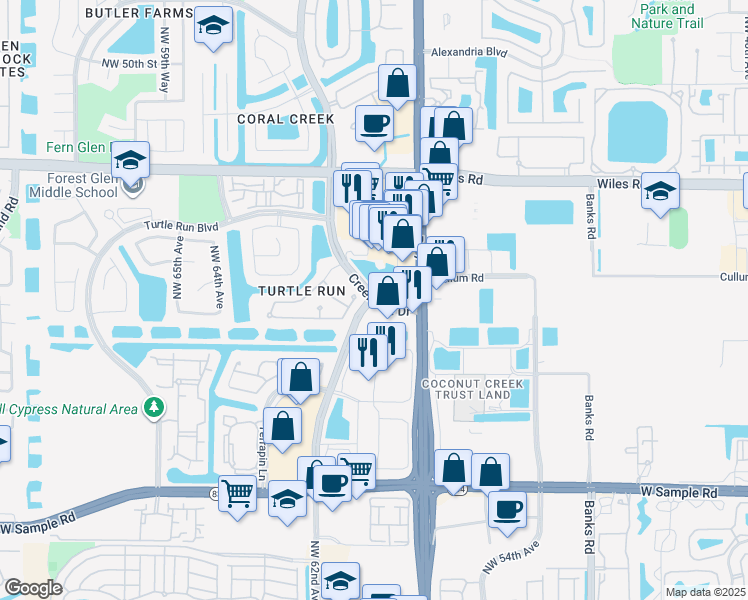 map of restaurants, bars, coffee shops, grocery stores, and more near 4300 Turtle Creek Drive in Coral Springs