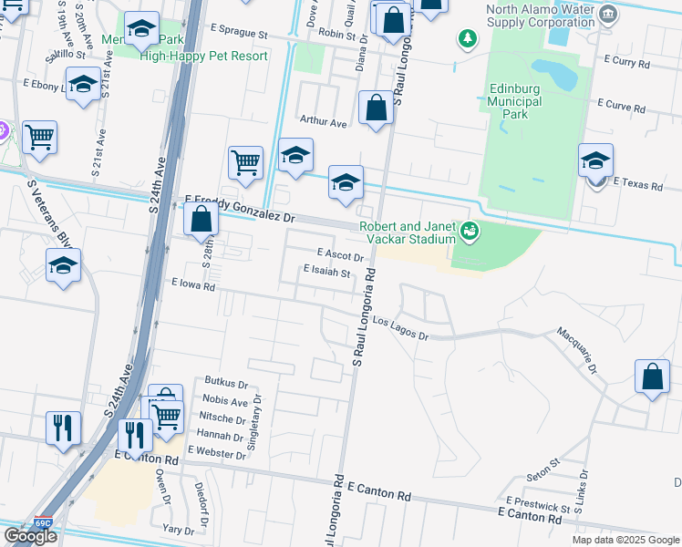 map of restaurants, bars, coffee shops, grocery stores, and more near 2329 Isaiah Street in Edinburg