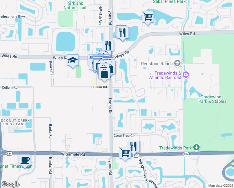 map of restaurants, bars, coffee shops, grocery stores, and more near 4417 Northwest 41st Place in Coconut Creek