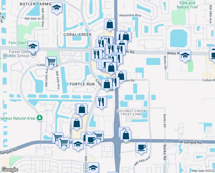 map of restaurants, bars, coffee shops, grocery stores, and more near 4300-6198 Turtle Creek Dr in Coral Springs