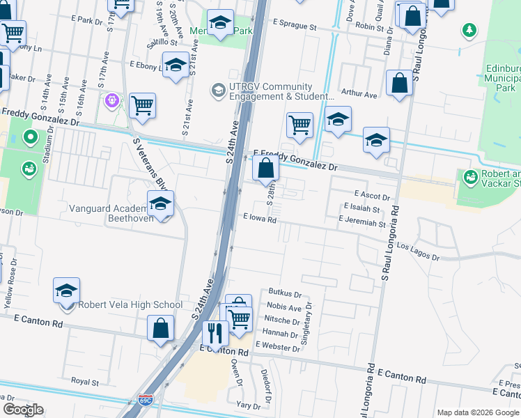 map of restaurants, bars, coffee shops, grocery stores, and more near 1453-1465 South 28th Avenue in Edinburg