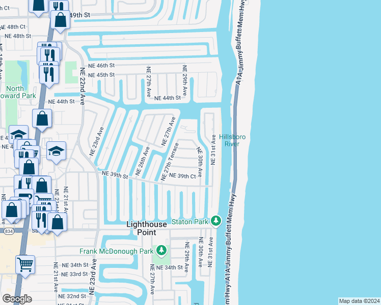 map of restaurants, bars, coffee shops, grocery stores, and more near 2810 Northeast 41st Street in Lighthouse Point