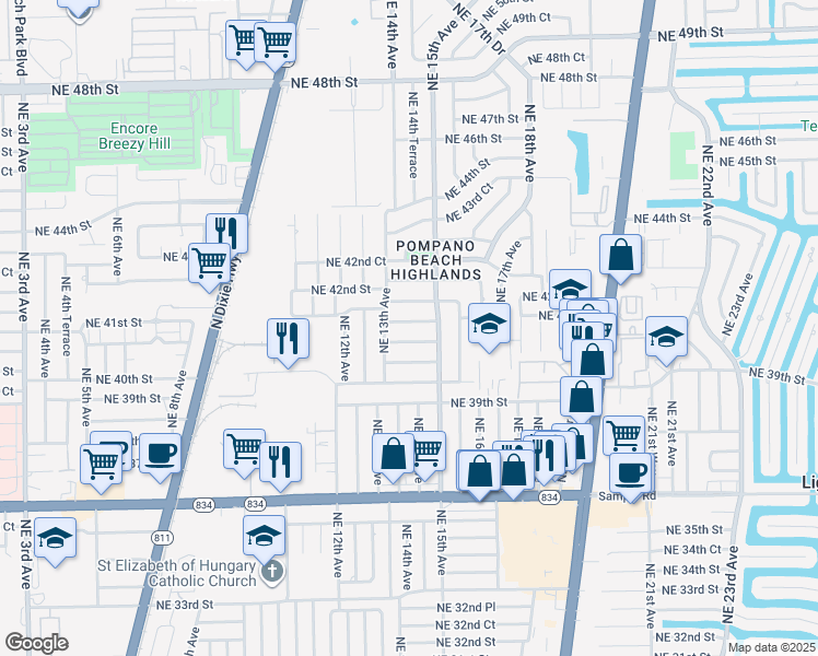 map of restaurants, bars, coffee shops, grocery stores, and more near 1330 Northeast 41st Court in Pompano Beach