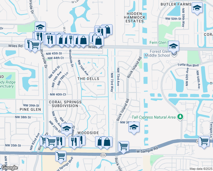 map of restaurants, bars, coffee shops, grocery stores, and more near 4115 Northwest 75th Avenue in Coral Springs
