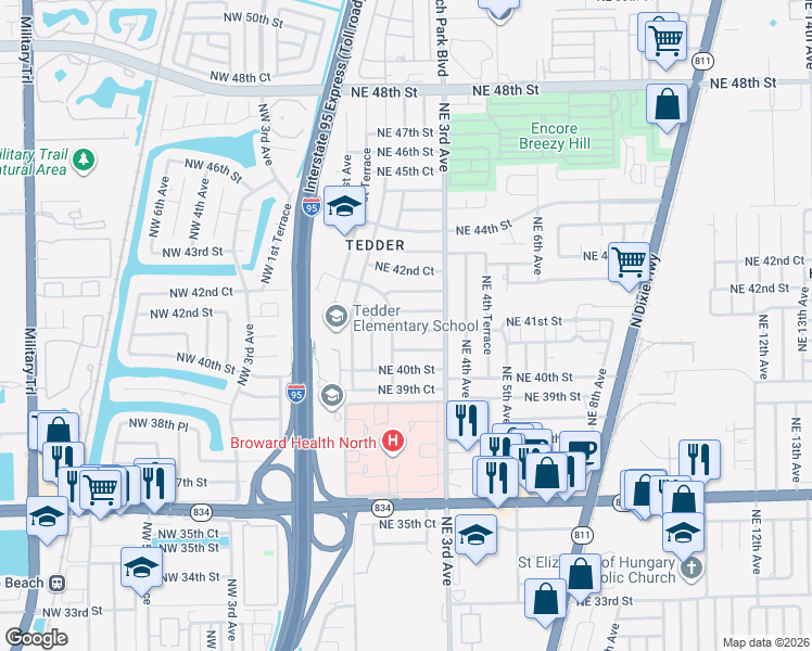 map of restaurants, bars, coffee shops, grocery stores, and more near 249 Northeast 41st Street in Pompano Beach