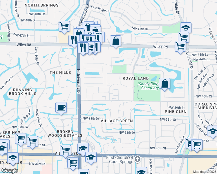 map of restaurants, bars, coffee shops, grocery stores, and more near 4139b Northwest 88th Avenue in Coral Springs