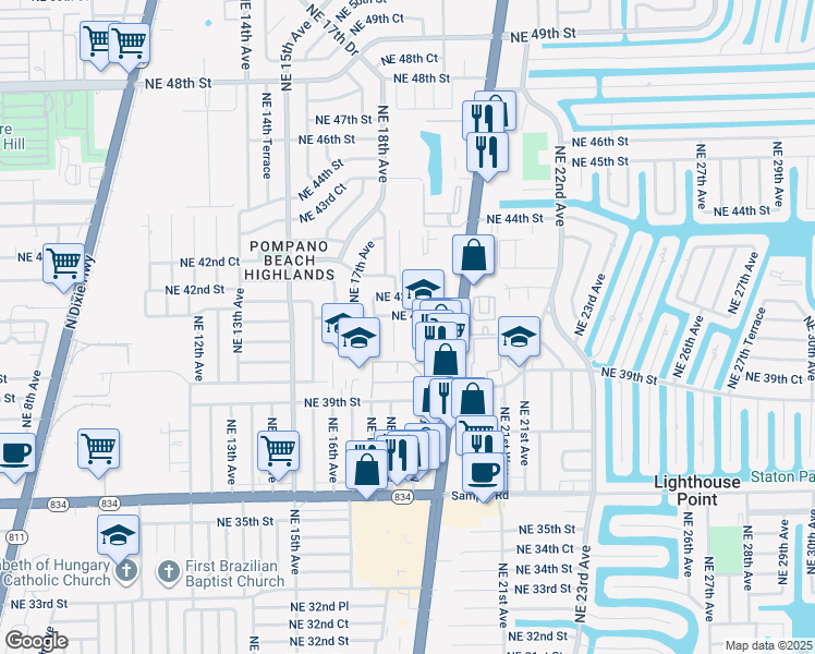 map of restaurants, bars, coffee shops, grocery stores, and more near 4041 Northeast 18th Terrace in Pompano Beach