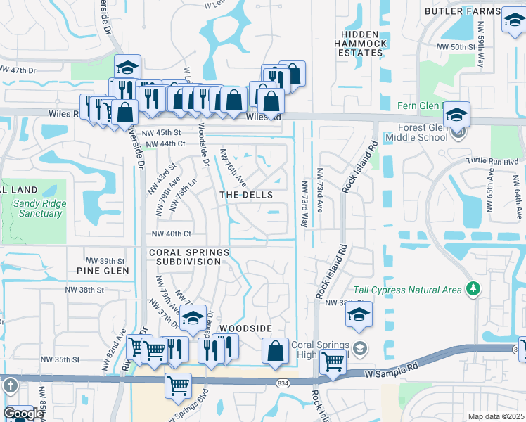 map of restaurants, bars, coffee shops, grocery stores, and more near 4011 Northwest 75th Way in Coral Springs