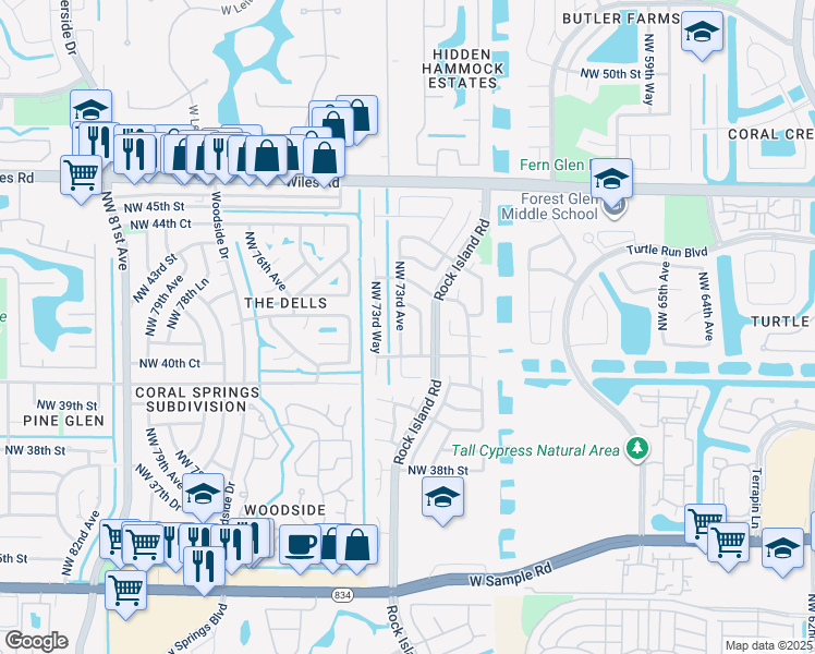 map of restaurants, bars, coffee shops, grocery stores, and more near 4021 Northwest 73rd Avenue in Coral Springs