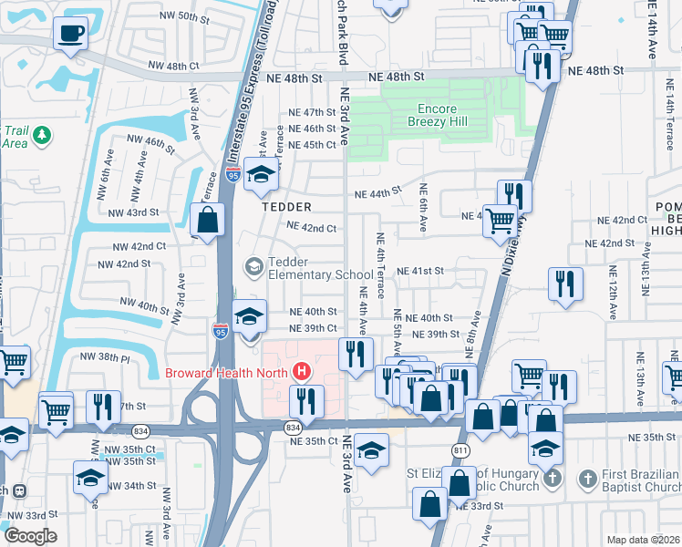 map of restaurants, bars, coffee shops, grocery stores, and more near 285 Northeast 41st Street in Pompano Beach