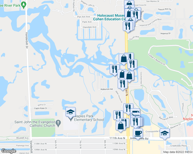 map of restaurants, bars, coffee shops, grocery stores, and more near 28 Walkerbilt Road in Naples